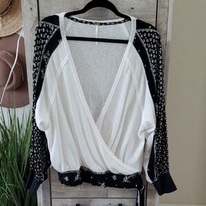 Free People Black and White Patterned Wrap Blouse